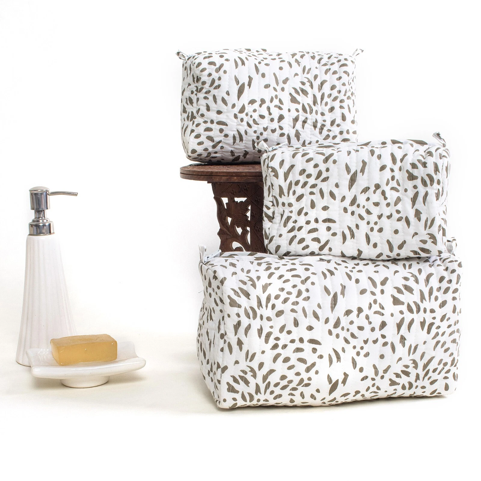 Indian Hand Block Printed Toiletries Bag 3 PC Set Unisex Light Soft Cotton Bag