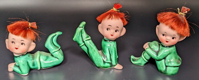 Vintage Set of (3) Napco Pixie Figurines with Orange Nylon Hair