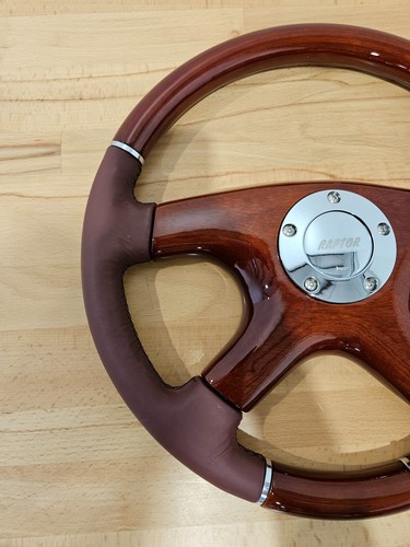 RAPTOR 15" MAROON LEATHER WOOD STEERING WHEEL - Picture 3 of 7