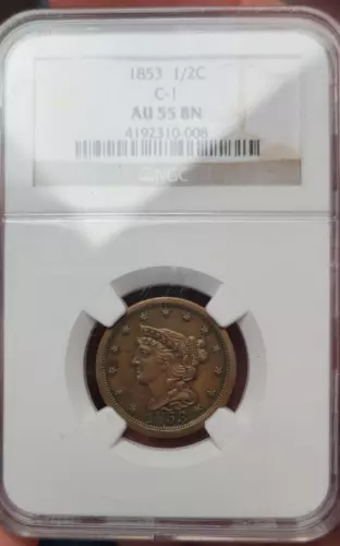 1853 Half Cent. NGC AU55