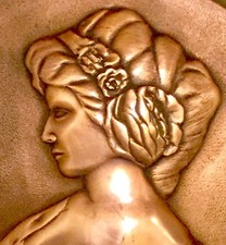 J Couguet Art Deco important low relief plate profile of woman with roses