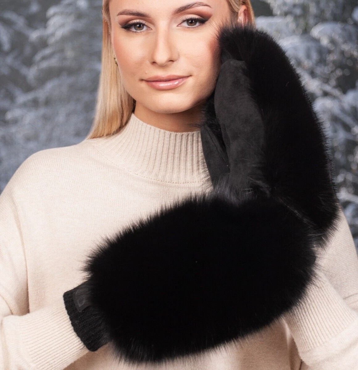 Black Fox Fur And Leather Mittens With Cashmere Lining,Warm Winter Gloves