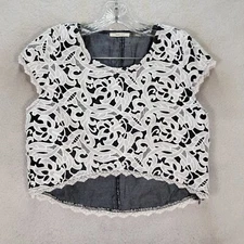 San Joy Womens Top Size M White Floral Crochet Lace Cap Sleeve Sexy Crop Blouse