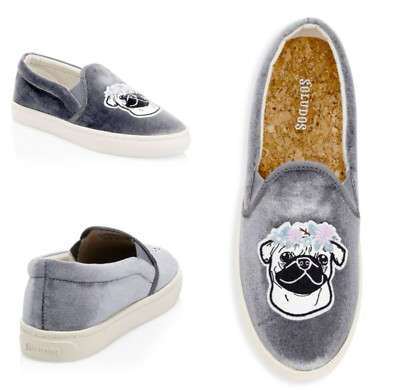 NIB Soludos $119 Velvet Flower Pug Slip-On Sneakers In Gray Size