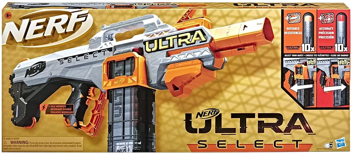 NERF Ultra Select Fully Motorized Blaster, Fire for Distance or Accuracy,  Includes Clips and Darts, Outdoor Games and Toys, Automatic Electric Full