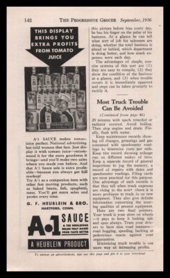 1936 GF Heublein & Bros Photo A1 Steak Sauce Tomato Juice Store Display Print Ad
