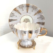 Shafford Lavendar Luster Teacup Saucer Scalloped Gold Edge Pedestal Retro Coffee