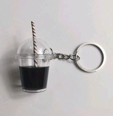Keychain Keyring 3D Iced Coffee Cup With Striped Straw Barista Drink