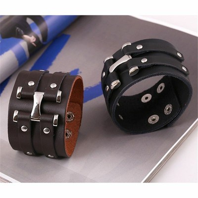 Men Genuine Leather Wide Bracelet Cuff Braided Wristband Bangle Cool Punk Gothic