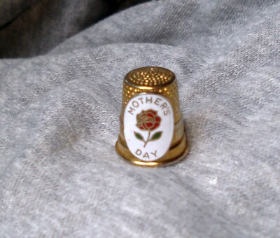 Brass Thimble W/ Cloisonne Red Rose Shield Mother's Day Vintage