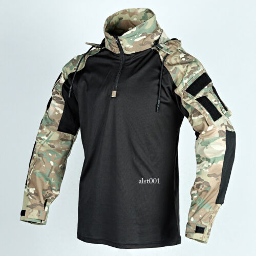 Men's Tactical Combat Shirt Long Sleeve Pullover Camouflage Hooded Hoodie Hiking - Picture 2 of 31