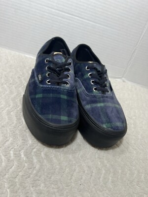 VANS Authentic Stacked Velvet Plaid Green Black Blue Platform Shoes Women s 6.5