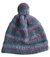 Seamless Hand-Knitted Ladies Red White & Green Pompom / Bobble Hat