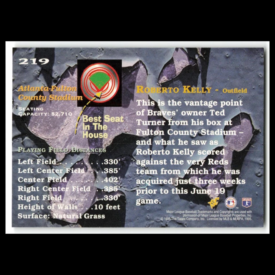 Tarjeta de béisbol Roberto Kelly #219 1995 Topps Stadium Club Atlanta Braves MLB casi nueva Foto 2 de 3