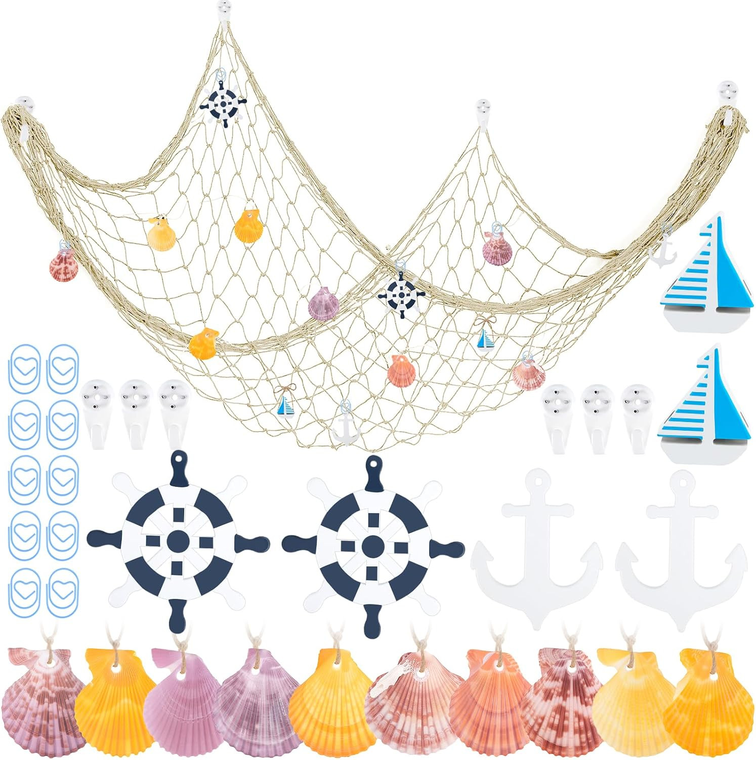 33-teiliges Fischernetz Deko Set mit Muscheln Wanddeko Strand