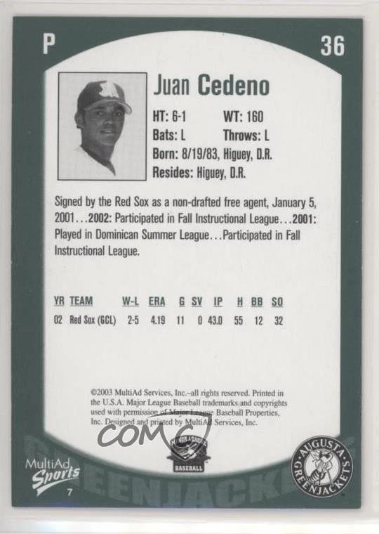 2003 MultiAd Sports Augusta GreenJackets Juan Cedeno #7 - Image 2 of 2