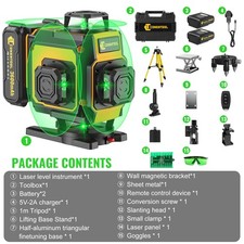 360° 4D Cross Measure 16 Line Laser Level Green Self Leveling Tool With Tripod