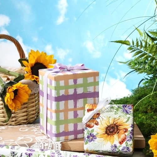  Floral Wrapping Paper Roll - Mini Roll -/Purple Flower/Plaid Design Sunflower - Image 3 of 4