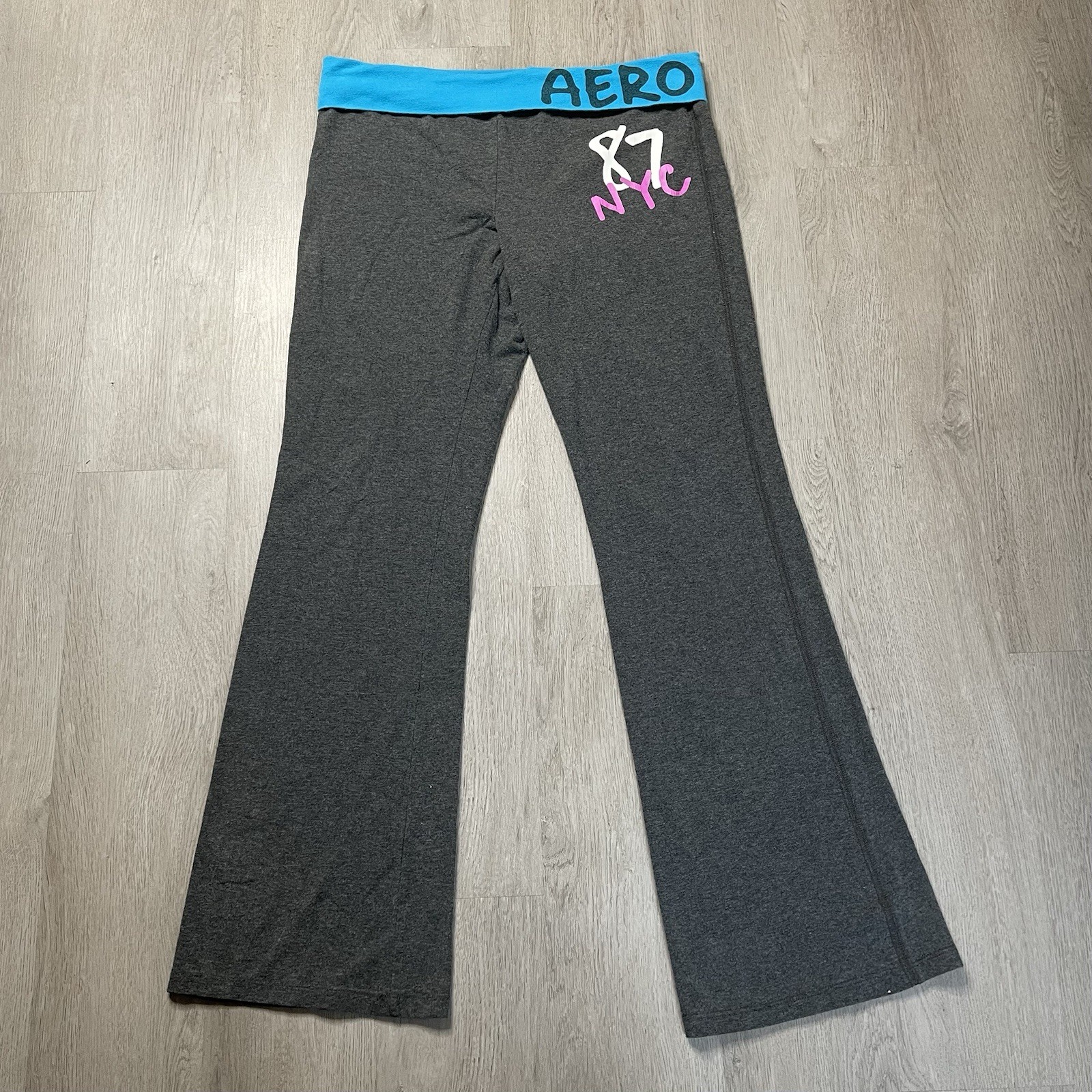 Y2K Aeropostale Women's XL Gray Fold Over Leggings Flared Leg Gym 00s 87 NY