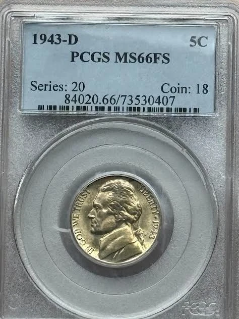 PCGS Certified MS 66 Graded 1943 Year US Jefferson Nickels (1938
