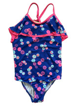 Lands End Little Girls Swimsuit Blue Sz 7 New No Tags Pink Circles Ruffle