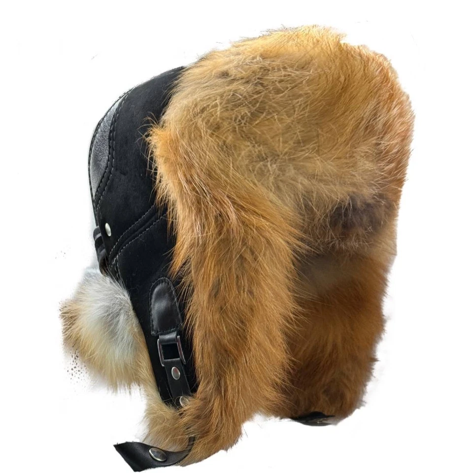 Handmade Real Sheepskin Leather Trapper Hat — Fox Fur Ushanka Hat for men - Image 3 of 4
