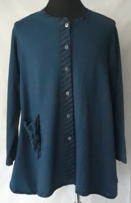 CMC Women Deep Sea Blue Art to Wear Button Down Cotton  Front Pocket XXL