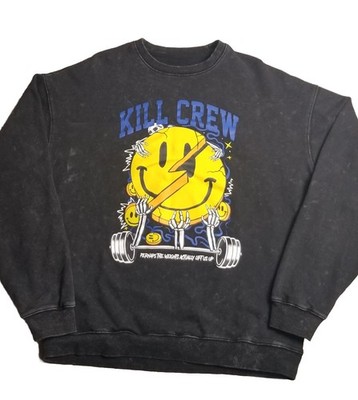 Kill Crew Crewneck Sweatshirt Weights Lift Us Up Stone Wash Black Sz L