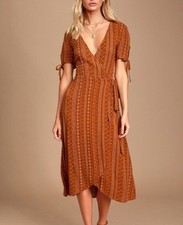 LULUs Wrap Dress Rust Orange Floral MIDI Dress Boho size Med EUC