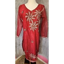 VTG Indian Bollywood Kurta Dress Kameez Hippie Boho Red Sheer Flowers 42 Large
