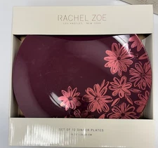 Rachel Zoe Set of 12 Dinner Plates 10.25” Burgundy Floral NEW