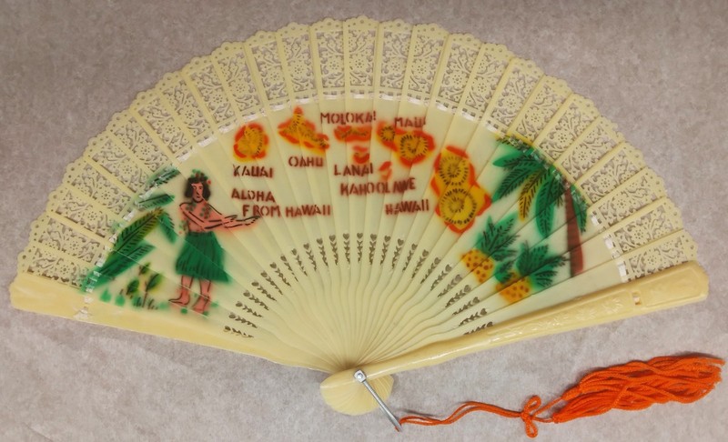 1950-60 Souvenir Folding Hand Fan for Hawaii, pierced and molded guard sticks