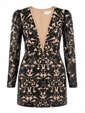 Dress The Population Claudia Plunging Illusion Sequin Black Lace Mini Dress Sz L