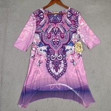 One World Live And Let Live Tunic Top Womens Large Purple Paisley 3/4 Sleeve NWT