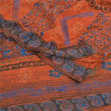 Sanskriti Vintage Sarees Orange Pure Crepe Silk Printed Sari 5Yd Craft Fabric