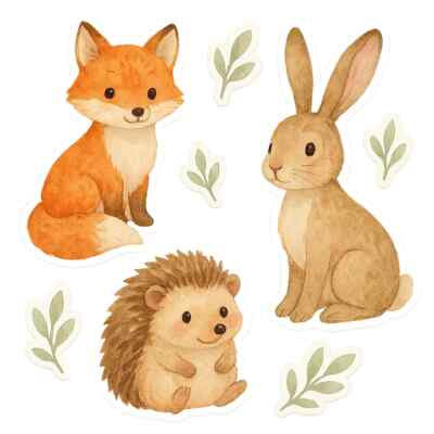 Forest Animals Sticker Set Fox Bunny Hedgehog Decal Watercolor Nature Nursery Decor