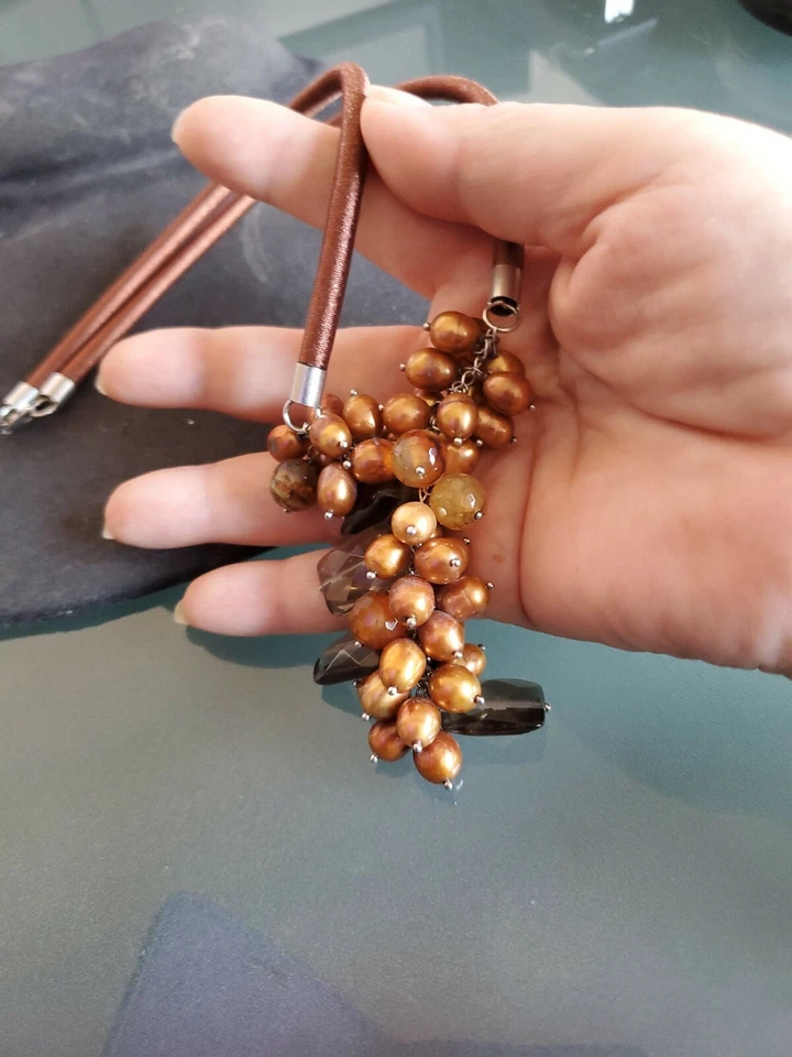 LP DESIGNER GENUINE SMOKY QUARTZ & BROWN PEARLS SILK CORD NECKLACE 27" NWOT  - Image 2 of 4