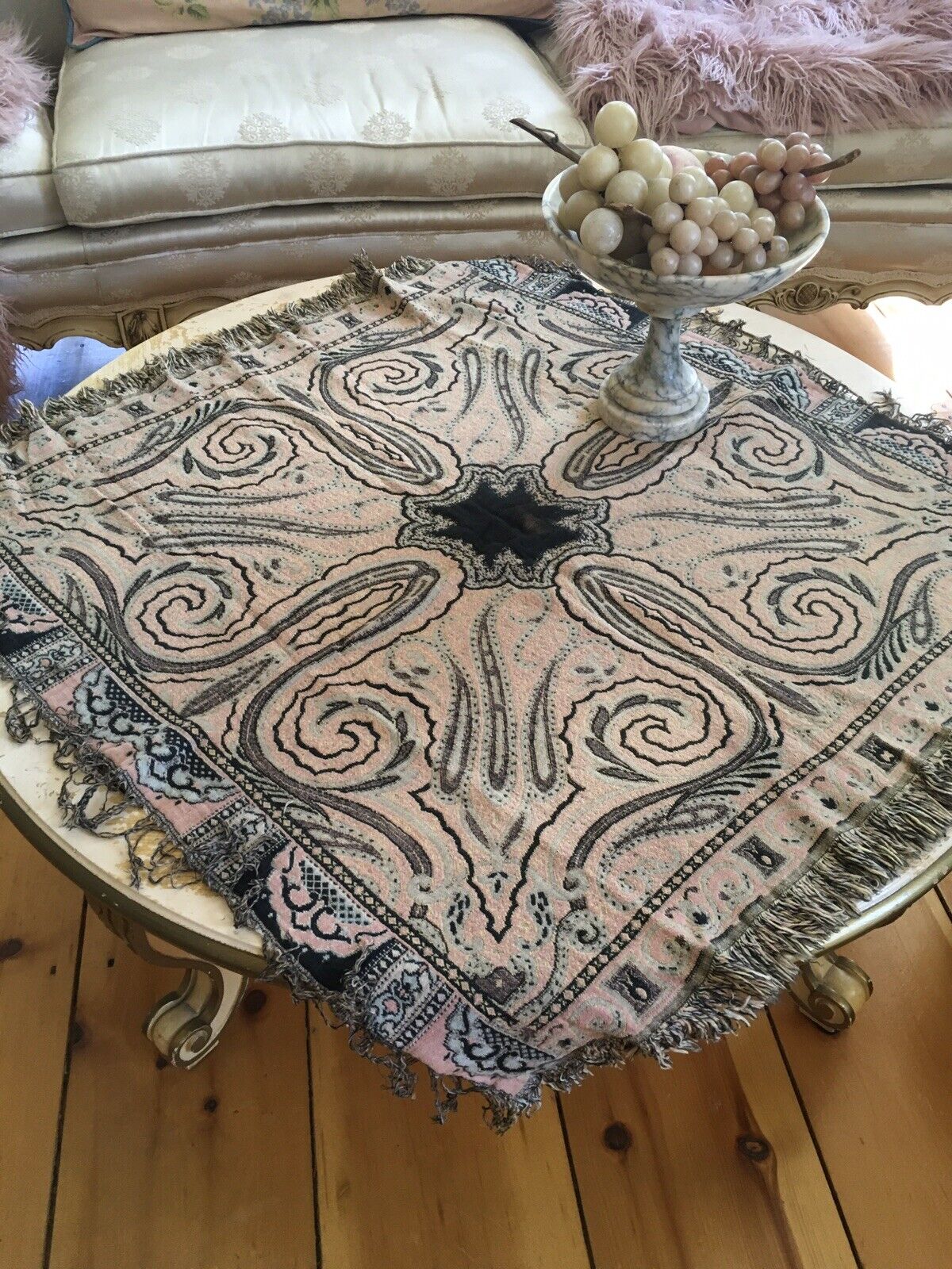 Lovely Antique Paisley Table Shawl 1900-1940 Tablecloth Fringe Trim #1B