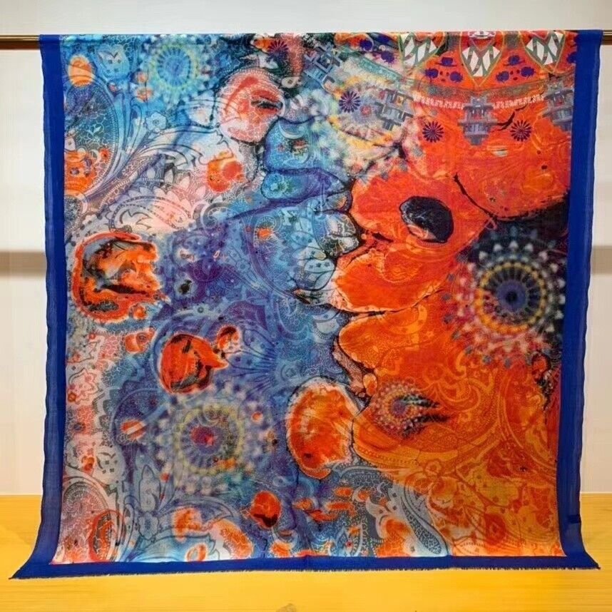 Pure 300s Cashmere Scarf Wrap Shawl Painting Print Soft Delicate Light 78