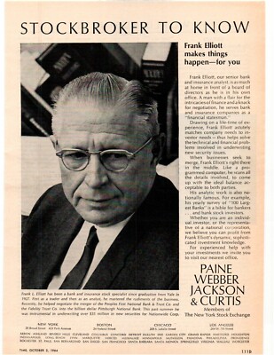 1964 FRANK ELLIOTT ~ STOCKBROKER TO KNOW PAINE WEBBER JACKSON & CURTIS PROMO AD