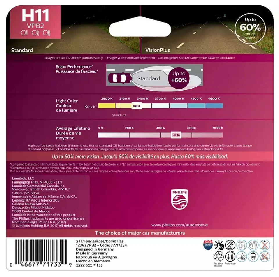 Philips VIsion Plus 60% H11 55W Two Bulbs Head Light Low Beam Replace Legal DOT - Image 3 of 4