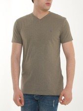 All Saints Mens Bark Green Marl Tonic V-Neck T-shirt Designer Logo Cotton Tee