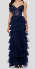 Blondie Nites Womens Blue Corset Tiered-Mesh A-Line Dress Juniors Size 11