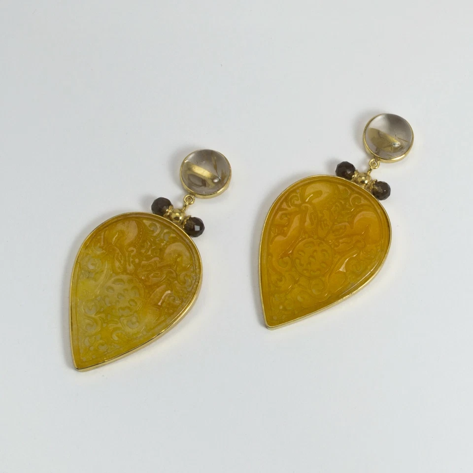 ORECCHINI IN ARGENTO 925 DORATO CON QUARZO RUTILATO E GIADA AGHT 0719 - Immagine 2 di 3