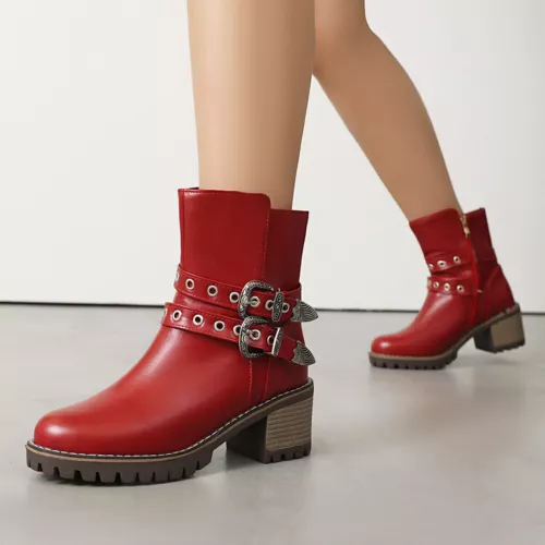 Women Booties Mid Chunky Heel Round Toe Zip Up Casual Buckle Fashion Ankle Boots - Bild 16 von 29