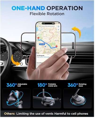 Magnetic Phone Holder for Car, Dashboard Magsafe Phone Holder Mount 360°Rotation - Picture 4 of 5