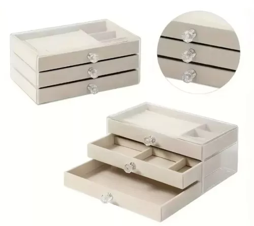 Acrylic Jewelry Organizer 3 Drawers Storage Transparent Jewelry Display Beige X - Picture 12 of 15