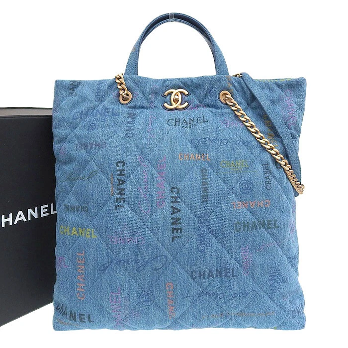 chanel denim shopping tote bag