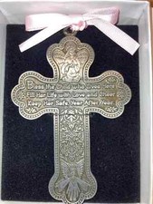 Crib Cross-Bless This Child w/Pink Ribbon-Pewter Gift Boxed For A Girl