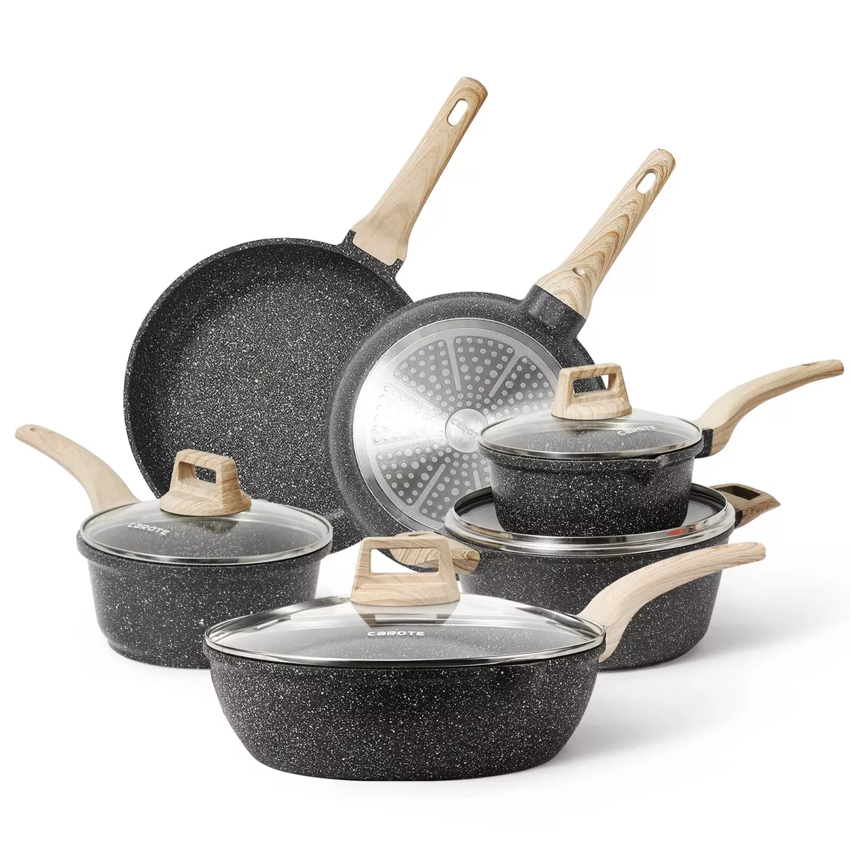 Carote Nonstick Granite Cookware Sets 10 Pcs Stone Cookware Set,non stick frying  pan set , pots and pans set ( Granite, induction cookware), Granite Classic  Black Set